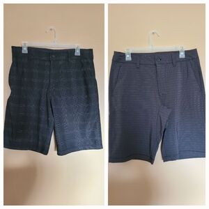 Set of Two Hang Ten Black and Gray Striped Checkered Shorts Mens Size 32 Waist